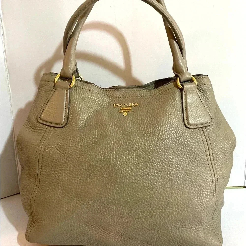 Prada gray pebbled leather satchel handbag